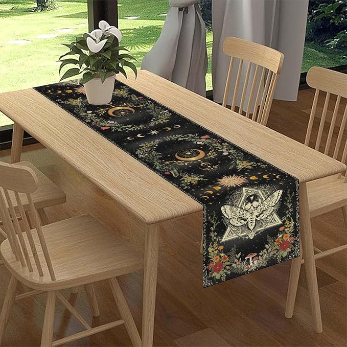 Gothic Moth Table Runner, Boho Gothic Sun Moon Phase Wildflower Mystical Witchy Farmhouse Coffee Table Center Decor for Home Kitchen Dining Patio Holiday Party Table Decorations 13x72 inches