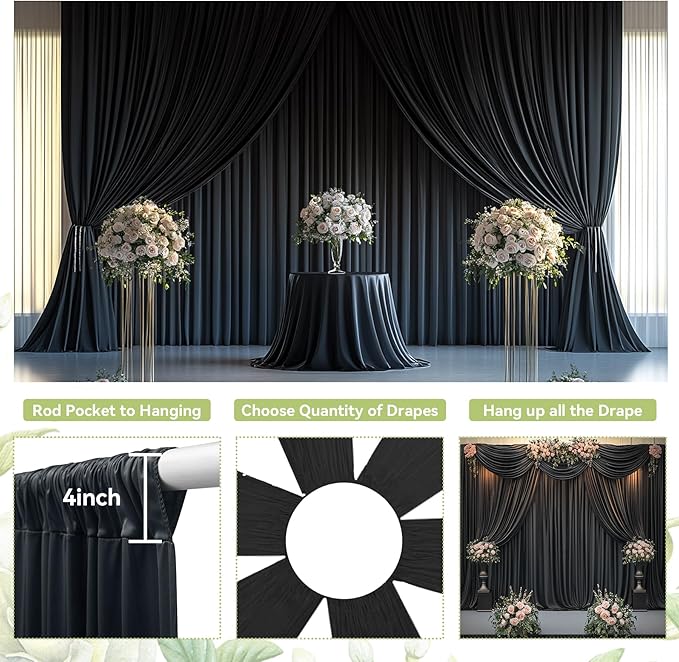 PartyVillage 10ft×15ft Black Backdrop Curtain for Wedding Parties, 2 Panels Wrinkle Free 15 FT Long Polyester Photo Backdrop Drapes Back Drop Cloth for Birthday Photography Background