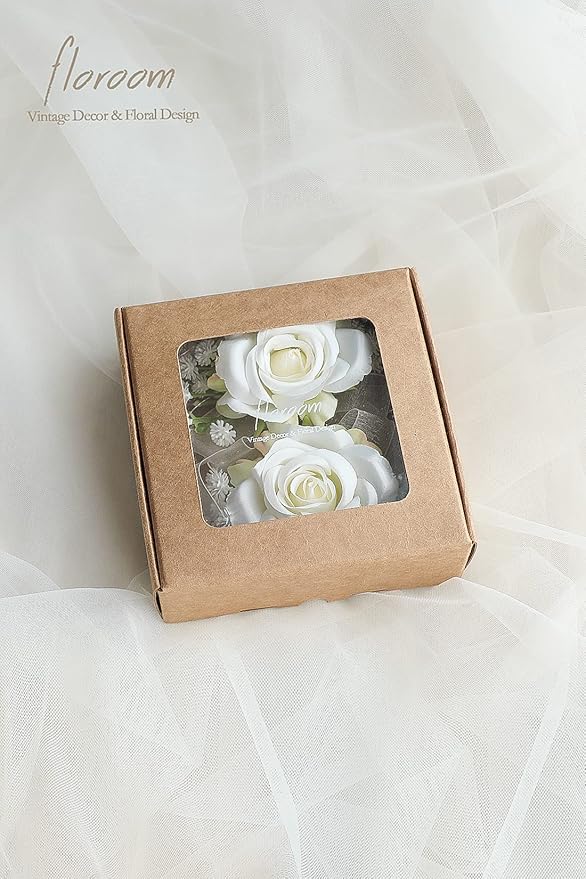 Floroom Ivory Rose Wrist Corsage Bracelet Wristlet Band and Men Boutonniere Set for White Wedding Flower Accessories Prom Suits