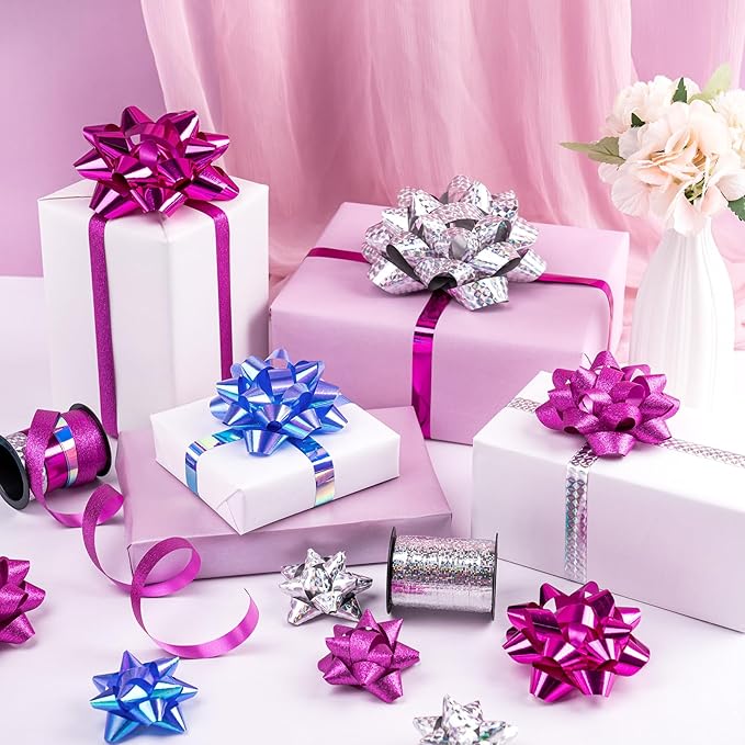 WRAPAHOLIC 16 Pcs Gift Bows Assortment - 14 Multi Colored Assorted Size Gift Bows(Purple, Silver, Blue), 2 Crimped Curling Ribbons, Perfect for Holiday, Party