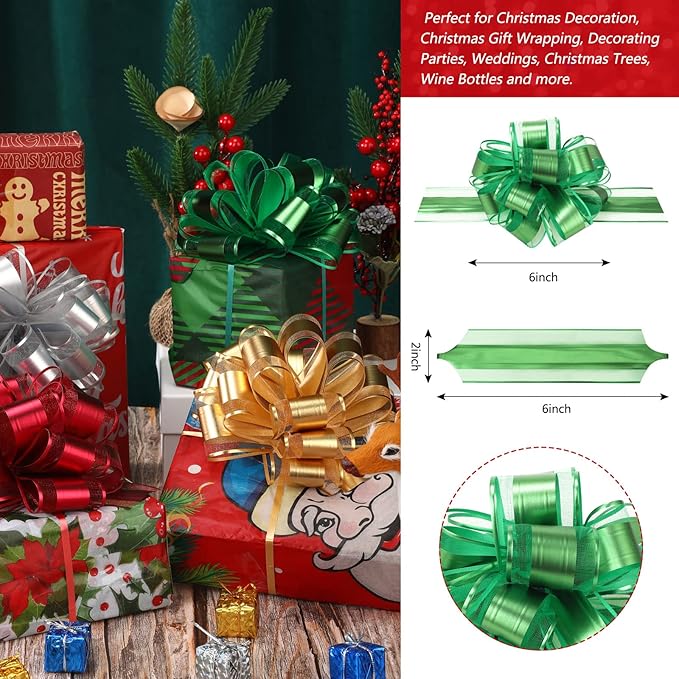 WILLBOND 20 Pieces 6 Inch Pull Bows Gift Wrapping Ribbon Pull Bows for Christmas Wedding Baskets Valentine Multicolor Wrap Accessory for Gift Present Holiday Decor(Green, Red, Gold, Silver)