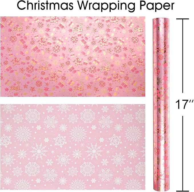 MAYPLUSS Christmas Wrapping Paper Roll - 17 Inch X 33 Feet - Gold Reindeer Star Snowflake Star Reversible HO Gift Wrapping Paper, Thick Wrap Paper for Holiday Party New Year Kids