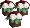 Dining Table Centerpiece Set of 3 - Pre-Made Aritifial Rose with Wooden Vase Fake Floral Arrangment Faux Flower for Wedding Bridal Tea Party Event Decorations - Burgundy & White