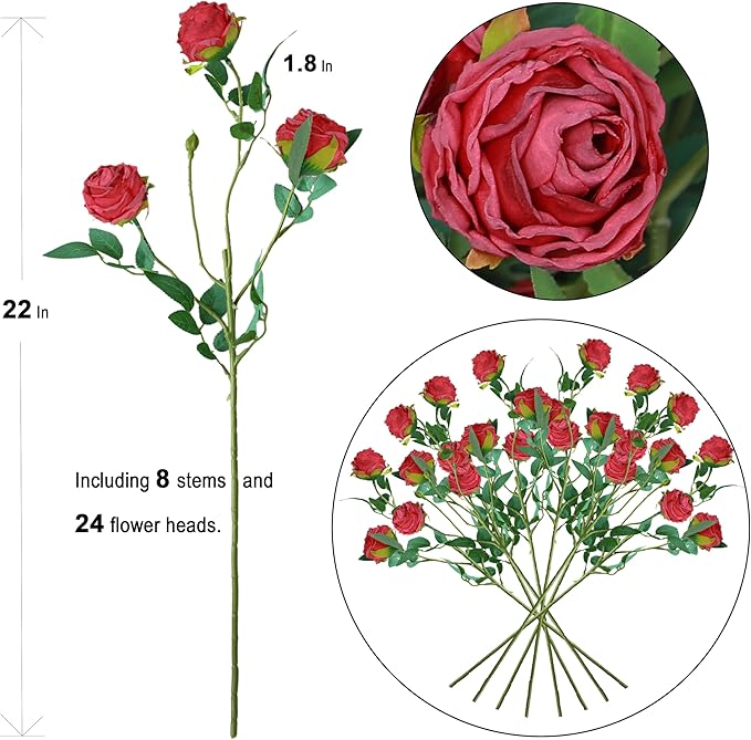 CHIAVE 8pcs 24 Flower Buds Artificial Vintage Roses Fake Silk Rose Flowers with Long Stem for DIY Bouquets Wedding Centerpiece Party Home Kitchen Shorp Decoration-Red