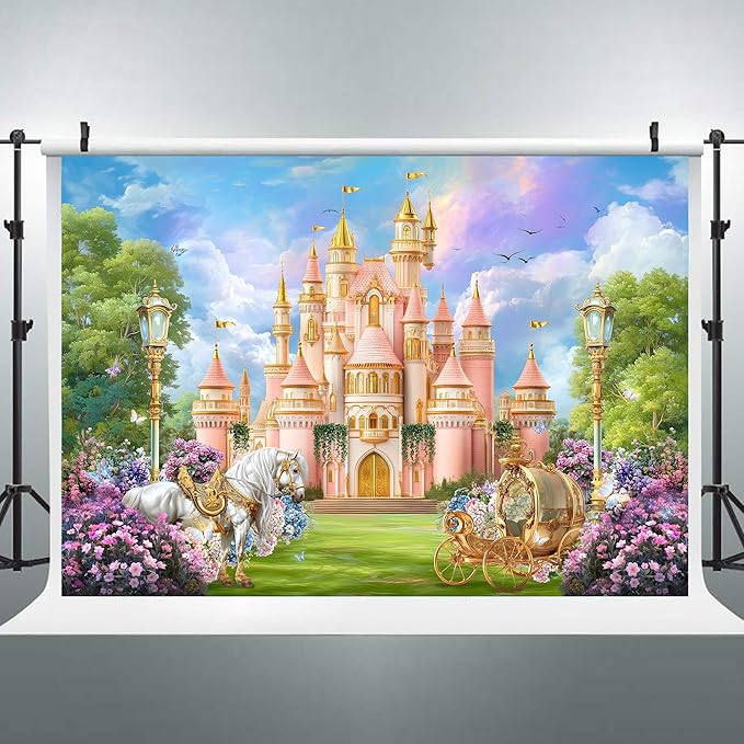 Riyidecor Princess Castle Backdrop Polyester Fabric Fairy Tale Horse Carriage Garden Floral 7Wx5H Feet Wonderland Photography Background Wedding Birthday Photo Studio Shoot