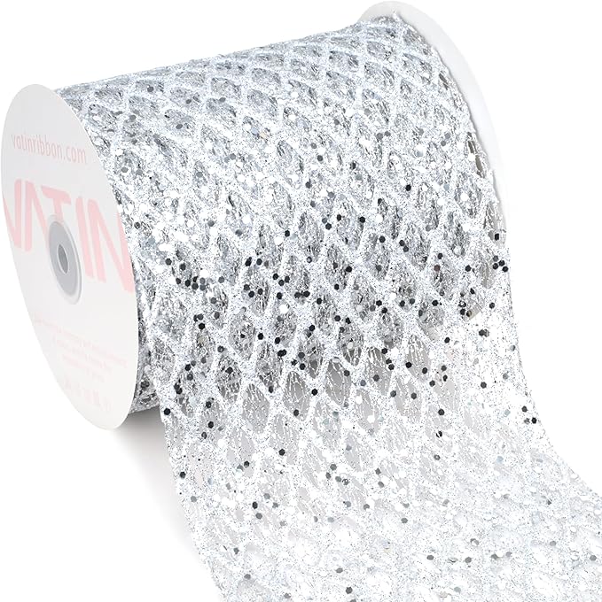 VATIN 6" Silver Christmas Ribbon, Silver Glitter Mesh Diamond Web Sequin Dots Wired Christmas Ribbon for Gift Wrapping Bow Making Wreath Supply-10 Yards