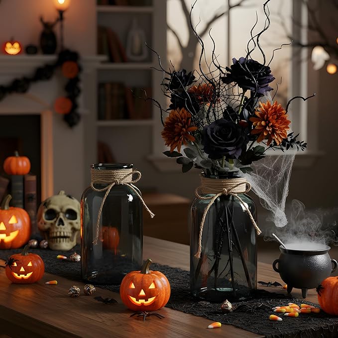 Vintage Glass Flower Vase，6 Pack Farmhouse Black Glass Centerpiece Vases Mason Jars for Halloween Weddings, Parties & Home Decor Bulk (6, Black)