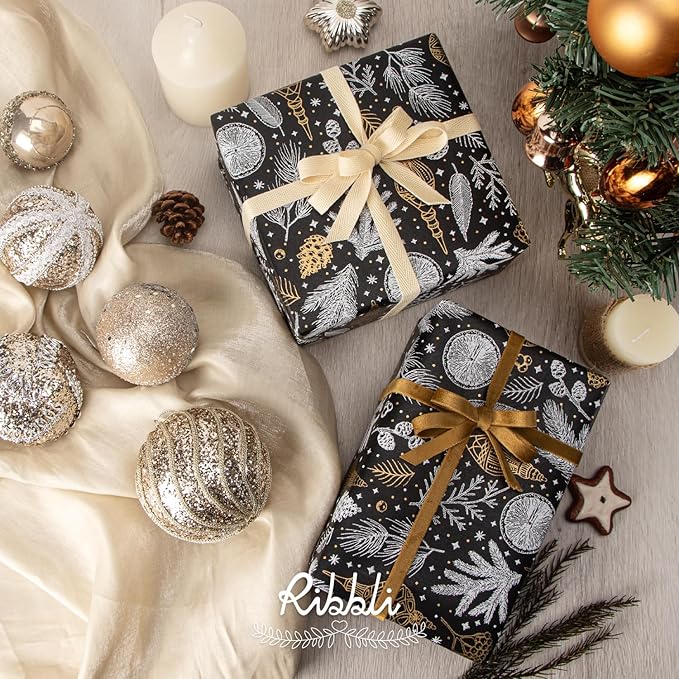 Ribbli Christmas Wrapping Paper Vintage Black with Gold Foil Gift Wrapping Paper Rolls -17 Inch x 33 Feet Per roll