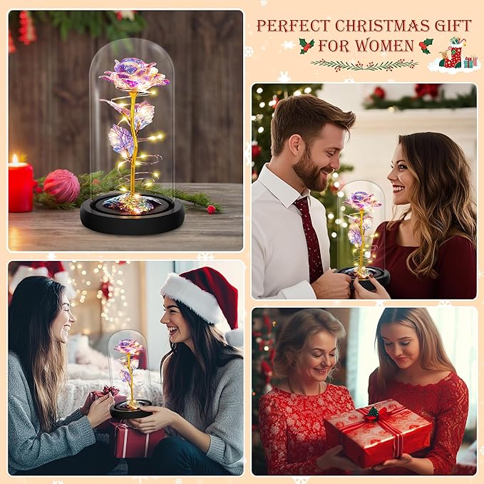Childom Christmas Rose Gifts for Women,Birthday Gifts for Women Mom Christmas,Flowers for Delivery Prime,Colorful Light Up Rose in A Glass Dome,Anniversary Rose Gift for Her Grandma Valentines Day