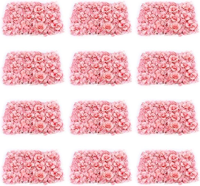 Artificial Flower Wall Panels, Silk Wedding Flower Wall Backdrop Panel, 3D Floral Panel Artificial Floral Wall Mat Flower Screen for Photo Party Wedding Wall Background Decor (12PCS Pink)