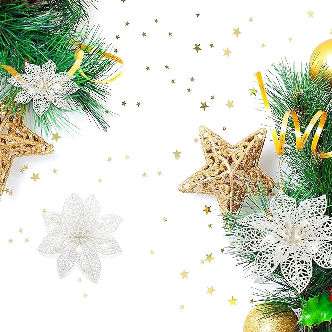 Boao White 24 Pieces Poinsettia Flower Christmas Glitter Artificial Poinsettia with Clips Christmas Tree Ornament Decorations for DIY Xmas Wreath Holiday Home Party Decor, 3/4/6 Inches