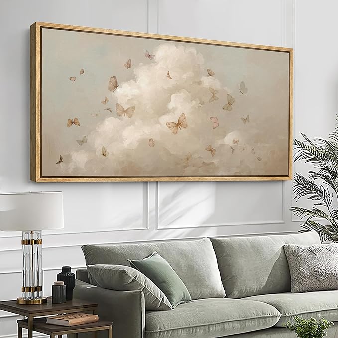 SIGNFORD Extra Large Framed Canvas Print Wall Art Butterflies in the Clouds Dreamy Sky with Flying Butterflies Illustrations Modern Art Relax/Calm Warm for Living Room, Bedroom, Office - 60"x30"