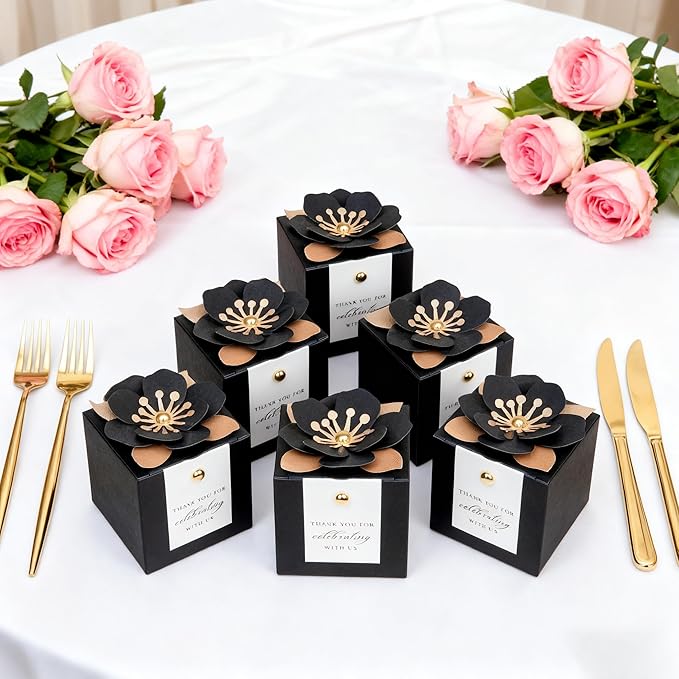 FEIYI 20 PCS Candy Boxes, 3 In 1 Black Favor Boxes with Floral Decor, White Thank You Tags Gift wrapping for Wedding Birthday Baby Shower Decorations Party -2.55x2.55x2.55''