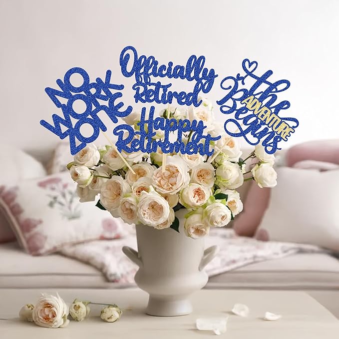 Ephlyn 16Pcs Happy Retirement Centerpiece Sticks Officially Retired Table Flower Centerpieces Sticks No Work Zone Floral Decorations for Farewell Birthday Party Centerpieces Supplies Blue