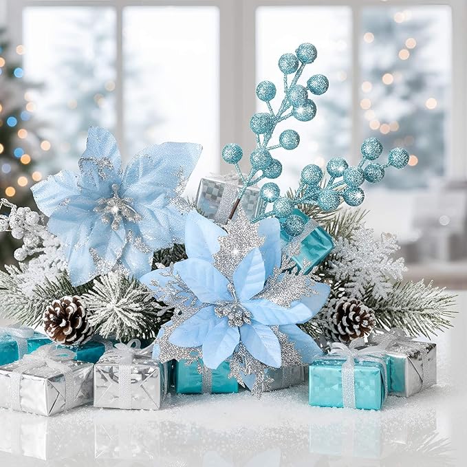 60 Pcs Christmas Glitter Branches 6 Styles Artificial Christmas Picks Berries Stems Poinsettia Flowers Pine Needles Floral Twig Spray for Xmas Tree Ornaments DIY Wreath Garland(Light Blue)