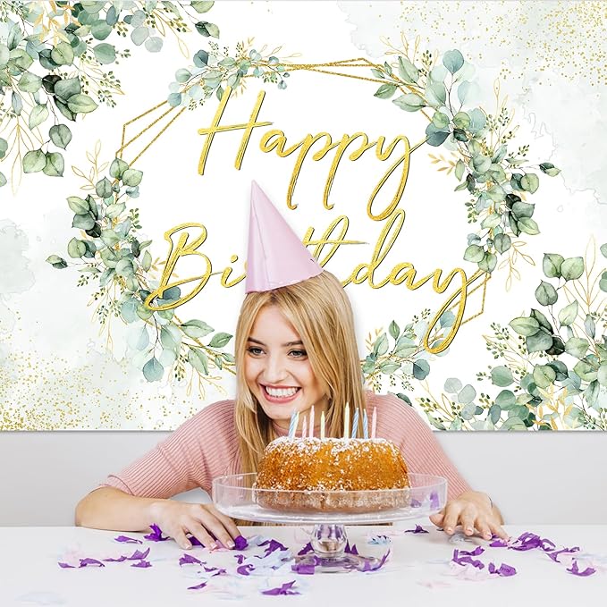 Avezano Sage Green Birthday Backdrop Greenery Eucalyptus Leaves Birthday Party Background Bday Party Decorations for Women Adults 6 x 3.6 ft