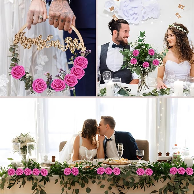 50Pcs Hot Pink Artificial Flowers Roses Real Looking Foam Fake Roses with Leaves and for DIY Wedding Bouquets Bridal Shower Centerpieces Party Decorations (Hot Pink, 50)