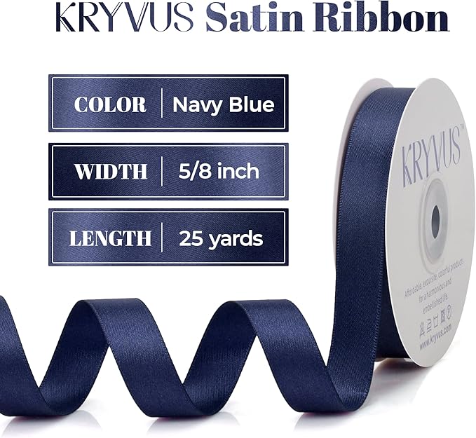Navy Blue Satin Ribbon, Double Faced 5/8 Inch X 25 Yards Navy Blue Ribbon, Premium Satin Ribbon for Gift Wrapping, Crafts, Hair Bow Making, Sewing, Flower Bouquet, Wedding Party Decor