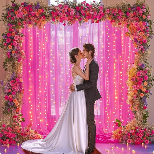 10x10ft Hot Pink Tulle Backdrop Curtain with Lights String for Parites, Sheer Backdrop Curtains for Wedding Baby Shower Birthday Party Photo Shoot Decorations