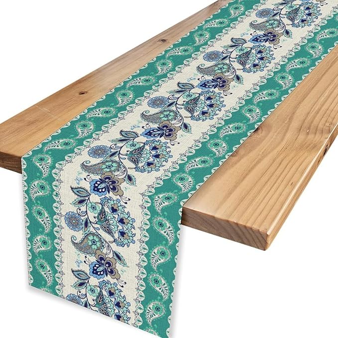 Paisley Table Runner, Rustic Blue Green Bohemian Damask Exotic Flower Cafe Table Center Decor for Home Kitchen Dining Patio Holiday Party Indoor Outdoor Table Decorations 13x90 inch