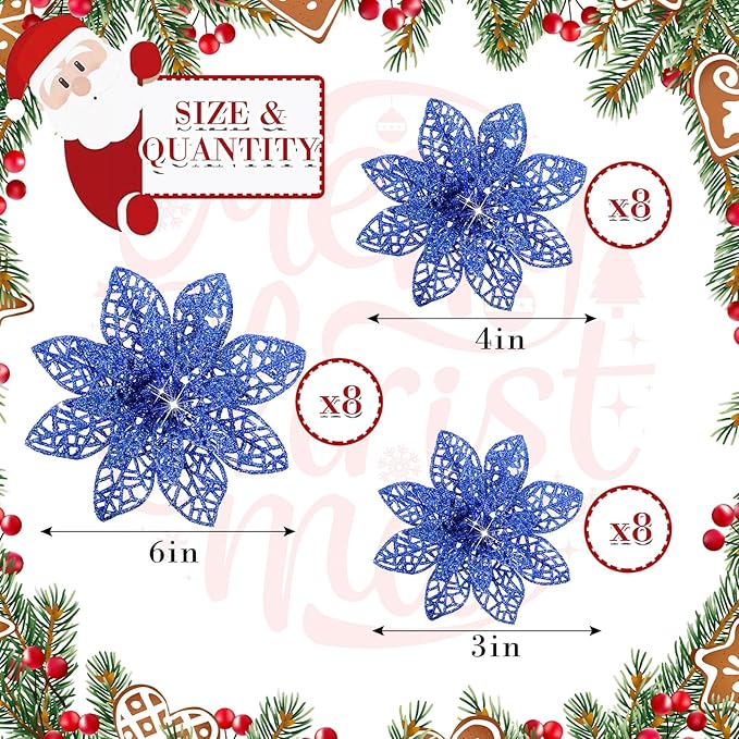 Boao Royal Blue 24 Pieces Poinsettia Flower Christmas Glitter Artificial Poinsettia with Clips Christmas Tree Ornament Decorations for DIY Xmas Wreath Holiday Home Party Decor, 3/4/6 Inches