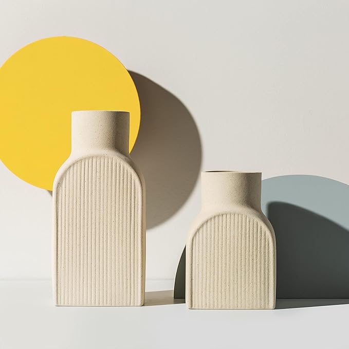 Ceramic Ribbed Vases - 2 Piece Set, Small and Large Vase, Bottle Flower Planter Set. Scandi Style Home Decor. Neutral Cream Home Decor, Coastal Decor for Home, Centerpiece for Table