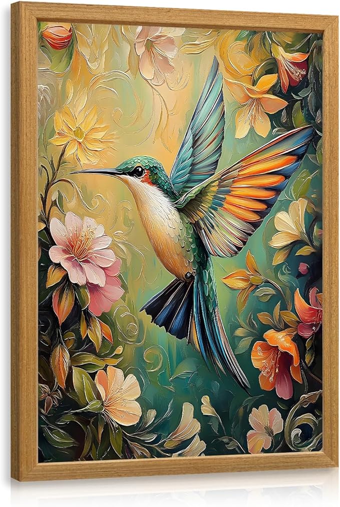 LLEEMPI William Morris Wall Art, Vintage Bird Floral Wall Decor, Hummingbird Flower Canvas Painting, Colorful Nature Botanical Aesthetic Picture for Living Room Bedroom Kid Room Wood Framed 16x24 inch