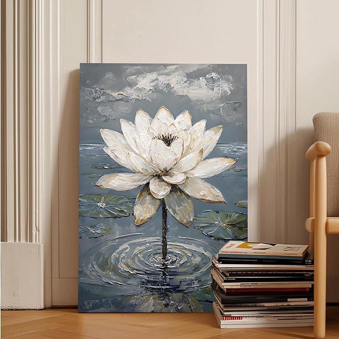 Stunning white lotus emerges from prismatic water with delicate petals background Serene aquatic wall art suitable for modern minimalist decor 20x30in Frameless