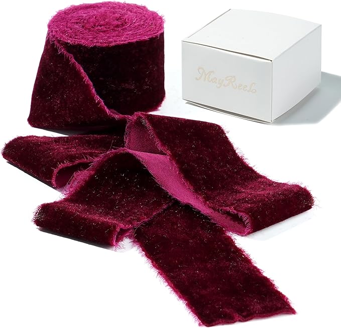 MAYREEL Burgundy Velvet Ribbon 2 Inch Hand Torn Maroon Frayed Edge Silk Ribbon for Bridal Bouquets Invitations Wedding Vow Books Gift Baskets Hair Bows 3 Yards
