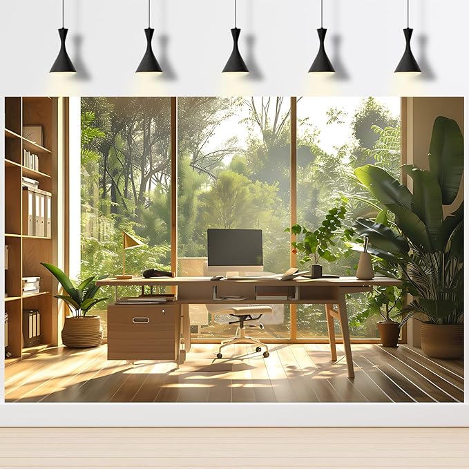 Office Background for Video Conference Modern Cozy Home Office Space Work Place Backdrop Sunlight Indoor Plants Tranquil Work Environment for Live Video Zoom Calls Studio Props Decor 15x10ft