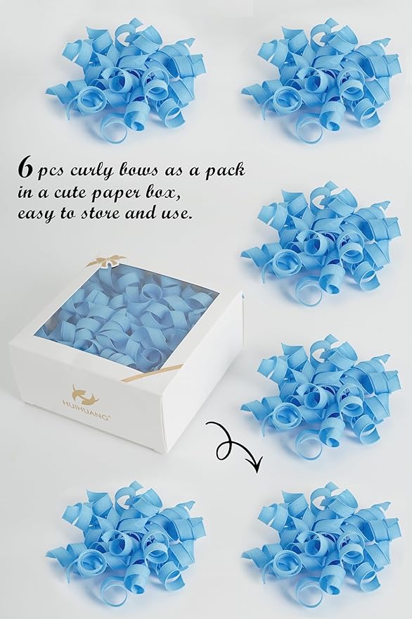HUIHUANG Baby Blue Bows for Gift Wrapping, Blue Curly Ribbon Bows Self Adhesive Burst Gift Bows for Presents, Wine Bottle, Treat Bags, Wrap Accessories, Baby Shower, Wedding Party Favor - 6 Counts