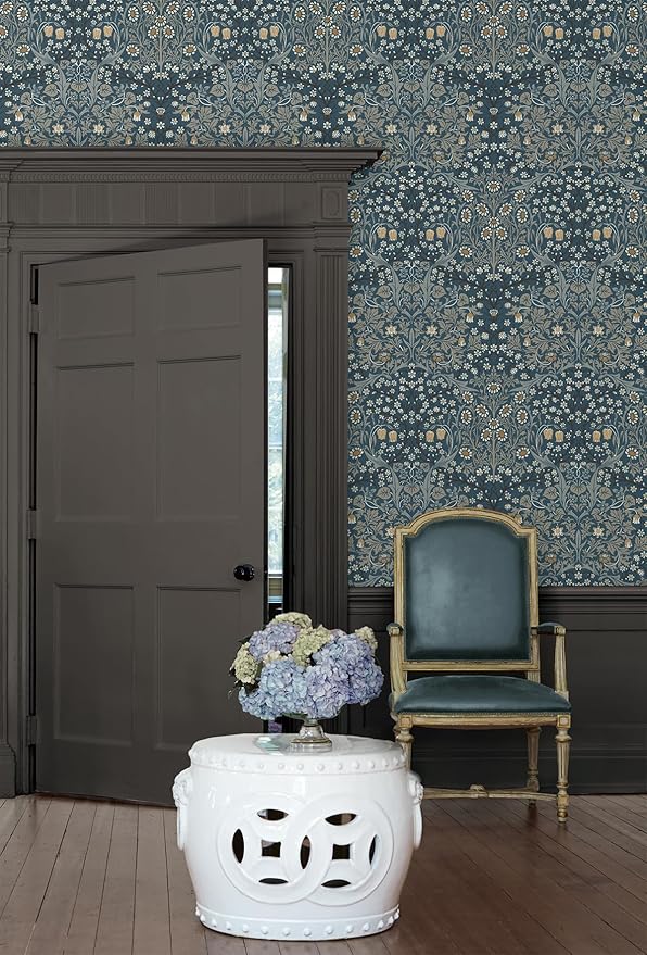 NextWall Seabrook Designs Victorian Garden Floral Vintage Prepasted Wallpaper (Aegean Blue & Warm Stone)