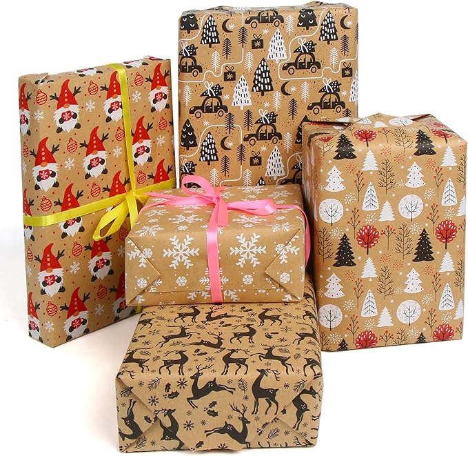 KIMOBER 5 Rolls Christmas Wrapping Paper,Brown Kraft Paper with Xmas Elements and Cut Lines on Reverse(17in × 118in Per Roll)
