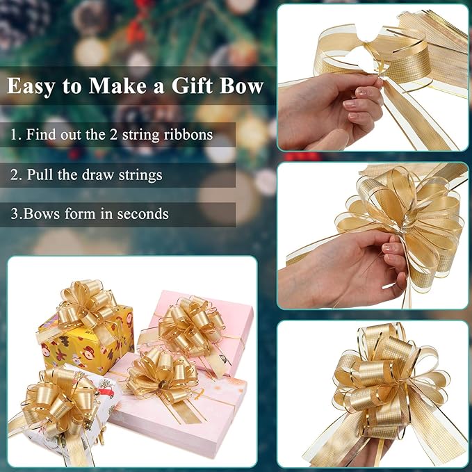 WILLBOND 20 Pieces 6 Inch Pull Bows Gift Wrapping Ribbon Pull Bows for Christmas Wedding Baskets Valentine Multicolor Wrap Accessory for Gift Present Holiday Decor(Gold)