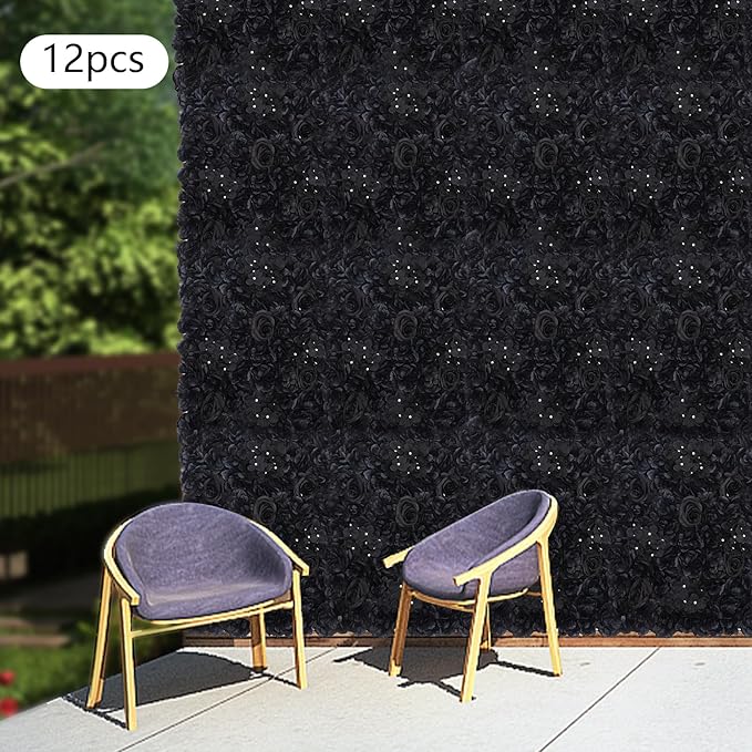 Flower Wall Panel Set,Black Artificial Wall Flower Backdrop,12 Pcs 23.62" X 15.75" 3D Silk Hydrangea Rose Floral Panel,Faux Roses Artificial Flower Backdrop for Wall Decor