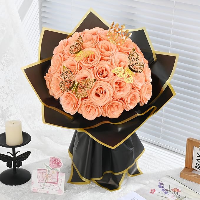 Waipfaru Glitter Roses Bouquet, DIY Fake Flowers Bouquet, Birthday Gifts for Women Mom, 36 Pcs Champagne Rose for Wife Girlfriend Valentines, Mothers Day, Anniversary, Graduation