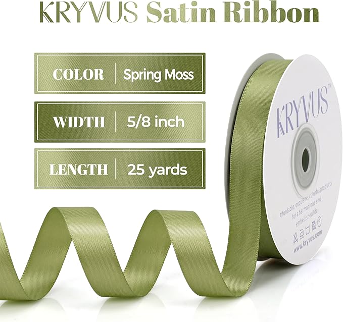 Moss Green Satin Ribbon, Double Faced 5/8 Inch X 25 Yards, Premium Satin Ribbon for Gift Wrapping, Crafts, Hair Bow Making, Sewing, Flower Bouquet, Wedding Party Decor