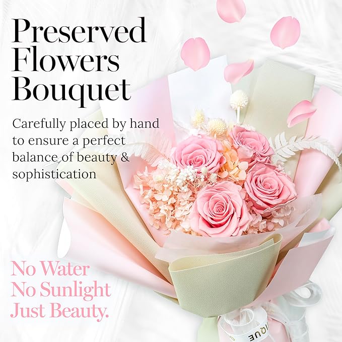 GLAMOUR BOUTIQUE Preserved Flowers Bouquet - Flowers Forever in a Box with Hydrangeas & More, Gift Ready for Anniversary, Birthday, Mother's Day, Long-Lasting 1-3 Years - Pink