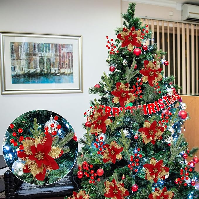 24 PCS Poinsettia Flower Artificial Red Gold Christmas Flowers Artificial 5.5'' Glitter Poinsettias Artificial Christmas Tree Flower With Clips Diy Xmas Wreath Holiday New Year Home Party Decor