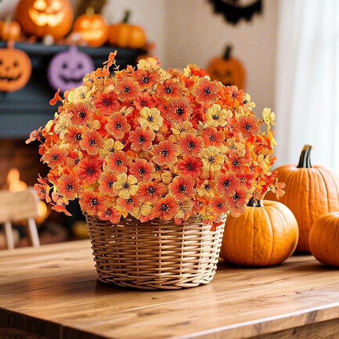 16 Bundles Artificial Fall Flowers for Outdoors, Realistic Fake Silk Flowers with Eucalyptus, No Fade Faux Fall Plants for Planter, Patio, Front Porch & Garden Decor