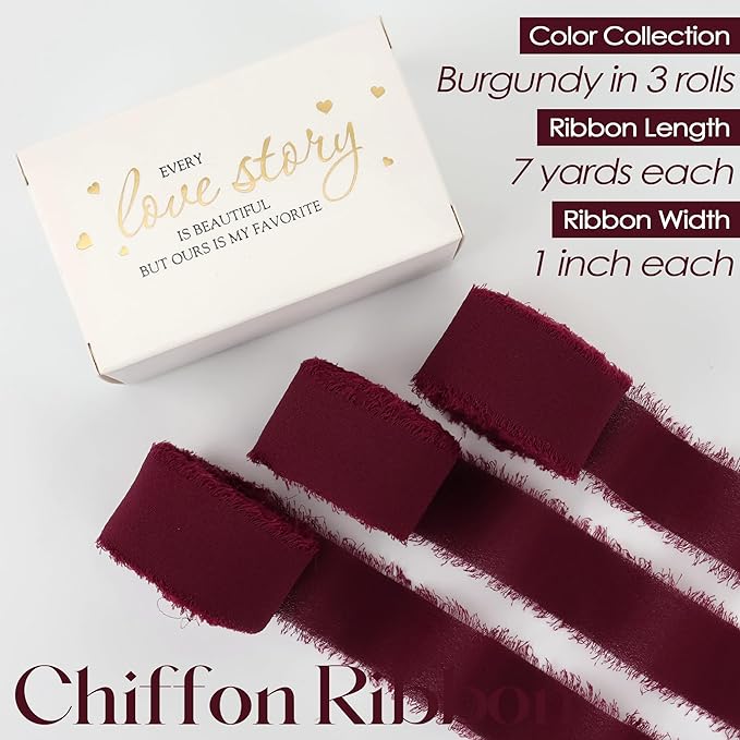 MEEDEE Burgundy Chiffon Ribbon 1 Inch Fringe Ribbons Dark Red Chiffon Silk Frayed Burgundy Ribbon Thin Chiffon Ribbons for Crafts, Gift Wrapping, Wedding Invitation (3 Rolls 21 Yards)