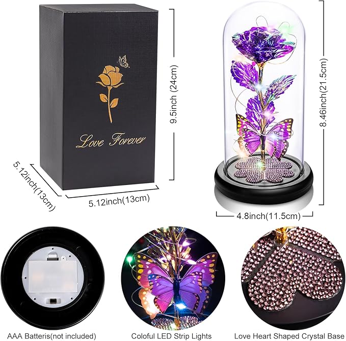 Womens Gifts for Christmas, Christmas Rose Gift for Women Birthday Gift Galaxy Glass Rose Forever Eternal Crystal Flower Light Up Roses in Glass Dome Purple Xmas Gifts for Mom Grandma Wife Her Sister