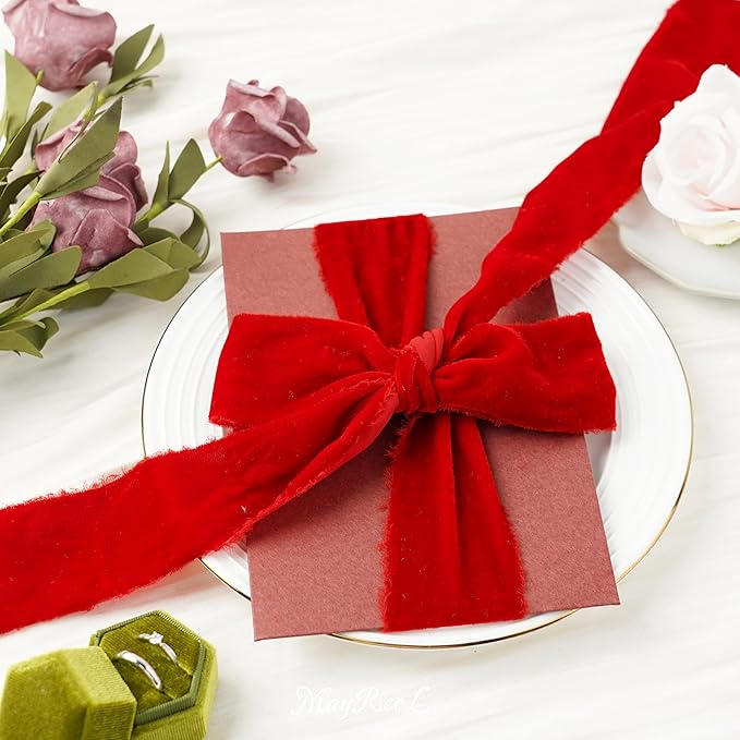 MAYREEL 2 Inch Red Velvet Ribbon Hand Torn Crimson Silk Frayed Edge for Christmas Gift Wrapping Bridal Bouquets Invitations Wedding Vow Books Gift Baskets 3 Yards