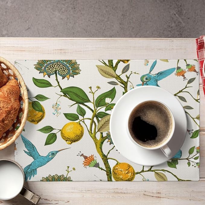 Lemon Linen Placemats Set of 6 Retro Plant Bird Print Placemats for Indoor Outdoor Party Home Desktop Kitchen Dining Room Decor 12x18 Inch