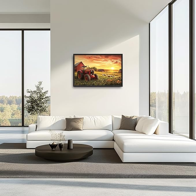 Farmhouse Sunset Large Wall Art Framed Wall Decor for Living Room Rustic Barn Tractor Pictures Oversized Canvas Print Painting Modern Extra Large Framed Artwork for Bedroom Office 36"x24"