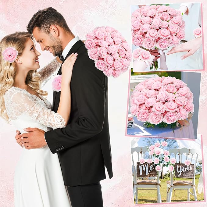200 Pcs Flowers Long Stem Artificial Rose Bulk, 3.2 Inches Silk Rose Head Flowers Faux for Wedding Bridal Bouquet Independence Day Home Floral DIY Centerpieces Party Decoration(Pink)
