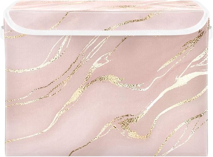 Collapsible Storage Bins with Lids, Rose Gold Pink Marble Storage Boxes for Organizing