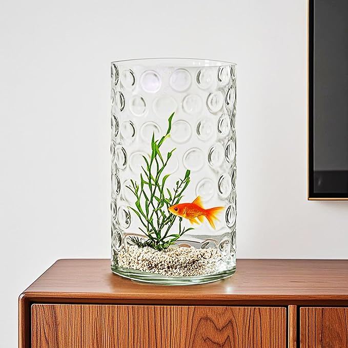 6" Wide 10" High Decorative Glass Cylinder Vase with Dimpled Circle Pattern, 8 Inch Tall, Clear (1, 6"x10")