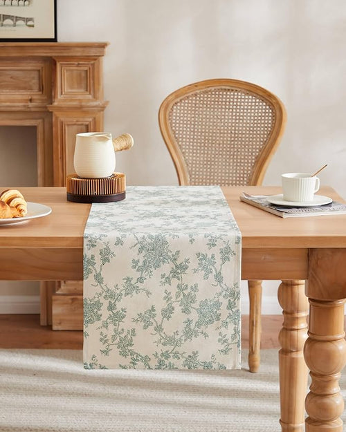 100% Cotton French Pastoral Table Runners, 13x36 Inch Vintage Green Farmhouse Table Runners 36 Inches Long, Vintage Flowers Print Home Decors