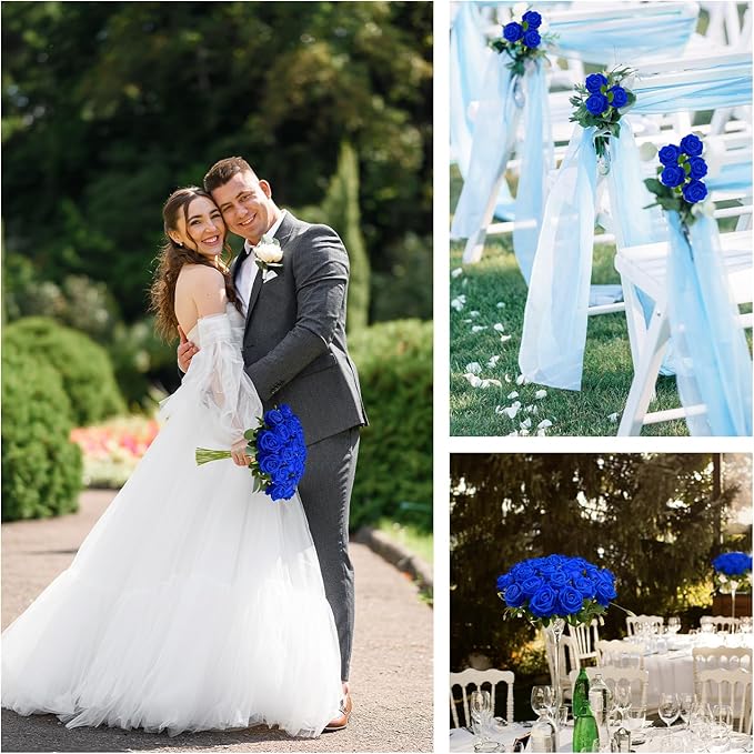 Wondrus Bulk Artificial Flowers 50 PCS, Fake Velvet Silk Blue Roses with Long Stems Realistic Bouquet for Wedding Centerpieces, Faux Arrangement for Home Table Decor